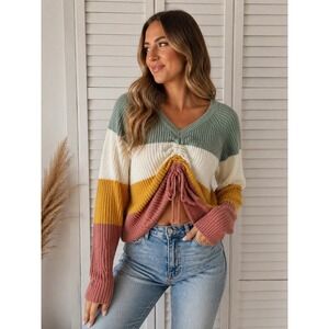 Full Circle Trends Cropped Front Drawstring Multicolor Sweater Sz L Dopaminecore